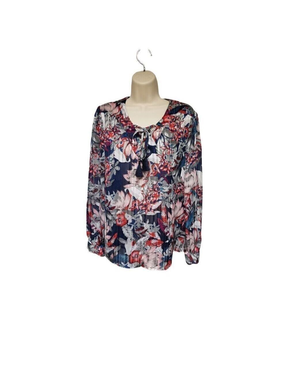 Faded Glory Women's Metallic Floral Blouse/Top Red Blue & Silver Small(4-6)